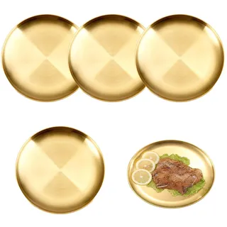 ZHYUAN 4 Stk 20 CM EdelstahlRundes Geschirr,Golden EdelstahlCampingTeller,Metall-Speiseteller,20 cm Edelstahl runden Geschirr,Edelstahl Camping Teller Set,für Camping,Picknick,Wandern,Küche,Party