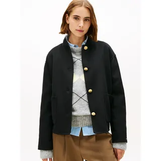 Bomberjacke TOMMY HILFIGER "DF WOOL SHORT BOMBER", Damen, Gr. 36, schwarz, Web, Obermaterial: 60% Wolle, 40% Polyester, unifarben, regular fit kurz, V-Ausschnitt, Jacken Bomberjacke, mit Wolle