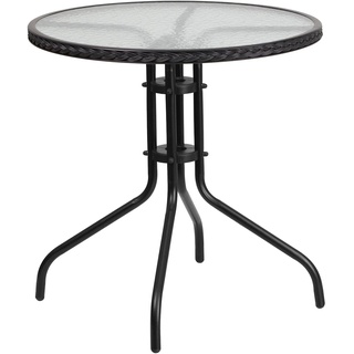 Flash Furniture Barker runder Tisch aus gehärtetem Glas, Metall, mit schwarzer Rattankante, 71,1 cm