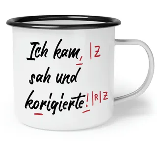 OM3® lustige Emaille-Tasse mit Spruch für Lehrer - Ich kam SAH und korigierte Lehrergeschenk | lustige Emailletasse lustige Emaille Becher | 12oz 300ml | Beidseitig Bedruckt | Weiß-Schwarz