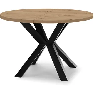 Runder Ausziehbarer Tisch für Esszimmer RAL mit Holzbeinen, Loft-Stil, Industriel, Durchmesser: 100 / 200 cm, Farbe: Eiche Artisan / Schwarz - Braun, Schwarz