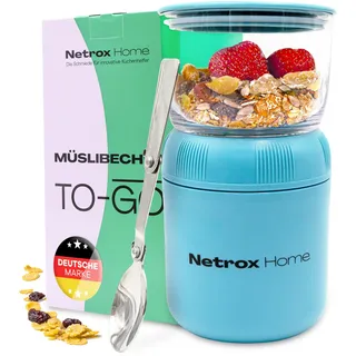 NetroxHome - Müslibecher To Go mit Löffel, Auslaufsicherer Joghurtbecher To Go aus Edelstahl, Lunchbox, Müslibecher - To Go Becher für Müsli, Joghurt, Porridge, Suppen - Müsli To Go Becher - Kinder