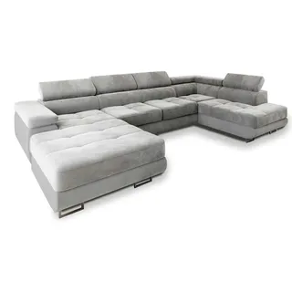 masseno Wohnlandschaft mit Schlaffunktion U-Form, Sofa mit Bettkasten, Wohnzimmersofa, Couch, Soffa, Bettsofa, Couchgarnitur- Hellgrau, Monolith 84