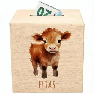Kuh Spardose für Kinder personalisiert Sparbox aus Holz Sparschwein mit Schlüssel Taufgeschenk für Jungen Mädchen Holzspardose