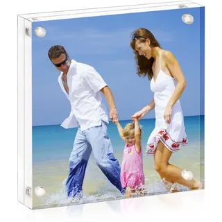 AMEITECH Acryl Bilderrahmen 10x10 cm, Klare Doppelseitige Block-Acryl-Bilderrahmen, Rahmenloser Magnetischer Fotohalter für den Schreibtisch