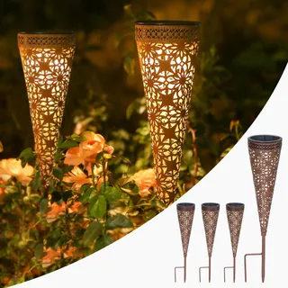 Görvitor 4 Stück Solarlampen für Außen Garten IP65 Wasserdicht, LED Metall Warmweiß Solarleuchten für Außen, Rost Gartenleuchten Solar Vintage Garten Deko für Draußen Balkon Terrasse Hof