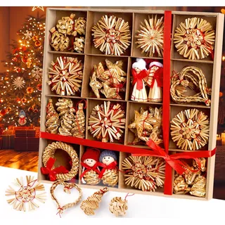 HOUISM 68-teiliges Strohsterne Schneeflocke Set, Weihnachtsbaumschmuck aus Stroh, Christbaumschmuck Strohanhänger Natürlicher Christbaum-Behang mit Holzbox für Weihnachtlicher Baumschmuck