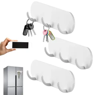 HUSOUE 3 Stück Magnetischer Schlüsselhaken, Schlüsselhalter mit 3 Haken Schlüsselbrett Ohne Bohren für Kühlschrank Küche und Waschküche (Weiß)