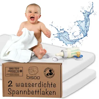 Bisoo Spannbettlaken 70x140 Baby - 2in1 Bettlaken Matratzenschoner 70 x 140 Baby Wasserdicht für Kinderbett und Babybett aus 100% Baumwolljersey Öko-Tex Zertifikat - 2 Stück Set Weiß 140x70