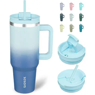 BJPKPK Becher mit Griff, isolierter Edelstahlbecher mit Deckel und Strohhalm, für Wasser oder Eiskaffee, 1200 ml Himmelblau