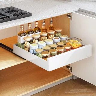SAYZH Ausziehbarer Schrank-Organizer, robuste ausziehbare Schubladenablagen für Küchenschrank, ausziehbare Schublade, 43Tiefe x 47Breite x 9Höhe cm, kein Bohren und Nageln erforderlich (weiß)
