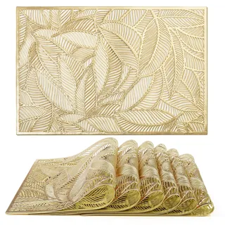 fanquare Rechteckige Tischsets 6er Set, Gold Form des Blattes Platzsets für Weihnachten, rutschfeste Wärmeisolierung Tischsets, Hochzeit, Dinner Parties, Restaurant, 45 x 30 cm