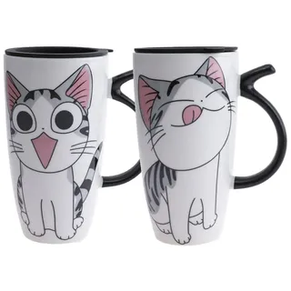 lachineuse – Set aus 2 Tassen, Design "Kawaii-Katze“ naschhaft, 600 ml | XXL-Tassen aus Porzellan – japanische Riesentassen für Tee & Kaffee – Thermodeckel – Lucky Cat – Geschenkidee Japan Asien