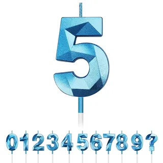 Geburtstag Nummer Kerzen, 3D Diamant Form Kuchen Kerzen Zahl 0 1 2 3 4 5 6 7 8 9 Glitzer Kuchen Topper Dekoration für Hochzeit Geburtstag Jubiläum Feier Abschluss (Blau, 5)