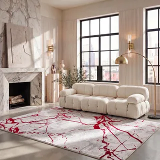 Safavieh Zeitgenössische Teppich für Wohnzimmer, Esszimmer, Schlafzimmer - Amelia Collection, Kurzer Flor, Grau und Rot, 183 X 274 cm