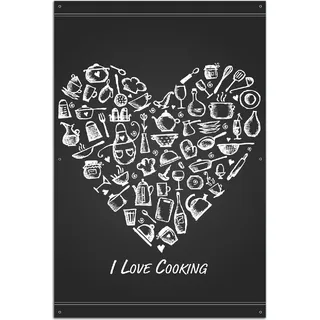 Wallario Outdoor-Poster für Garten oder Balkon, Motiv I Love Cooking - Herz aus Küchenutensilien in schwarz weiß, in ca. 61 x 91,50 cm - Weiß