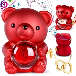 Ewige Rosen Bär Geschenk für Frauen, Ewige Rose Teddybär mit Halskette und Musikdose, Geburtstagsgeschenk für Frauen, Eternal Rose Weihnachten Geschenke für Freundin Valentinstag Mama Geburtstag