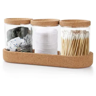 Anhow 3er Glas Wattestäbchen Behälter, Kork Wattepads Aufbewahrung Kosmetik Organizer mit Basishalter für Wattebausch/ Wattestäbchen/ Runde Wattepads/ Zahnseide/ Make-Up-Schwämme - Transparent