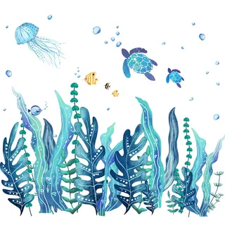 5 Blatt 3D Unter dem Meer Seetang Wandtattoos Meer Schildkröten Wandaufkleber Seetang Qualle Fisch Abnehmbare Vinyl Wand Aufkleber für Schlafzimmer Badezimmer Wohnzimmer Dekor