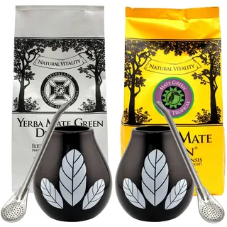 Yerba Mate-Tee Set für Zwei ● 200g Green Mas IQ Tropical ● 200g Green Despalada ● 2x Keramik Becher Hoja 350 ml ● 2x Edeltahl Trinkhalm