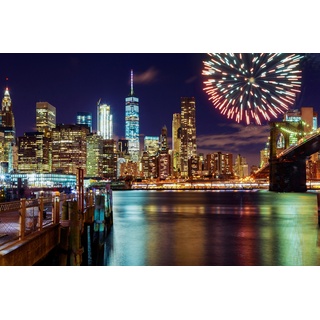 Papermoon Fototapete »MANHATTAN-NEW YORK BROOKLYN BRIDGE FEUERWERK SKYLINE«, bunt