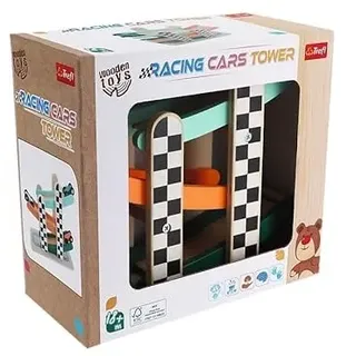 Trefl - Racing Cars Tower, Wooden Toys - Holzspielzeug, Auto Rutsche, 3 Holz Autos, Bio Naturholz, Spielzeug für Jahre für Kinder ab 18 Monaten