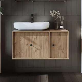 Roomart Badezimmermöbel Set GUSTO 90 cm 4 Teilig mit Keramik Waschbecken - Braun