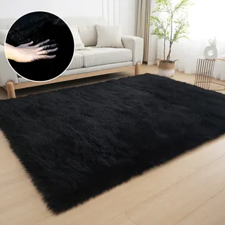 my home Fellteppich »Dena, Hochflor Teppiche, kuschelig weich« rechteckig 60 mm Höhe Kunstfell, Uni-Farben, Wohnzimmer, Schlafzimmer, Esszimmer, schwarz