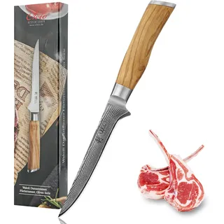 Wakoli Olive Ausbeinmesser aus echtem Damaststahl (VG10 Kern) mit 14,5 cm Klinge – Scharf und ergonomisch – Damastmesser mit Olivenholzgriff in Geschenkbox – Damast Filetiermesser für Fisch & Fleisch