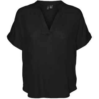 Vero Moda Damen Top Casual Splitneck umgeschlagene Ärmelbündchen Bluse Kurzarm, Farben:Schwarz, Größe:M