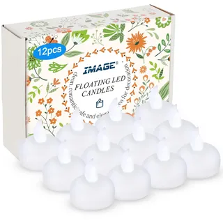 IMAGE 12 Stück Schwimmende Kerzen, Flammenlose LED Teelichter wasserdicht Dekorative Kerzen für Hochzeit Party Spa Haus Pool, Teichdekorationen, Innen und Außen (Kalt Weiß)