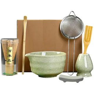 Matcha Tea Set,7 Piece Matcha Besen Set, with Matcha Whisk, Broom,Matcha Schale,Matcha Bowl with Spout,Matcha Besen Halter,Bamboo Spoon,Perfect Matcha Starter Set,Japanisches Tee-Set (B)
