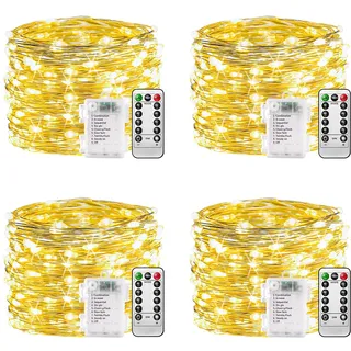 plainshe Lichterkette Batterie - 4 Stück Warmweiß, 10m 100 LED Silberdraht Micro Lichterkette Außen Wasserdicht 8 Modi Fernbedienung Timer für Weihnachtsbaum Außen Innen Garten Hochzeit Balkon