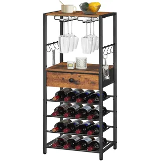 HOOBRO Weinregal für 16 Flaschen, Flaschenregal Holz mit 6 Etagen, Weinständer mit Schublade, Weinschrank, Weinflaschenhalter mit Glashalter 40 x 30 x 102 cm, Flaschen Organizer EBF10JJ01