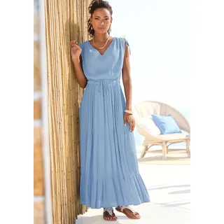Maxikleid LASCANA, Damen, Gr. 36, N-Gr, blau (himmelblau), Crêpe, Obermaterial: 100% Viskose, unifarben, figurumspielend knöchelfrei, V-Ausschnitt, Kleider Maxikleid, mit tiefem Ausschnitt aus gekreppter Viskose