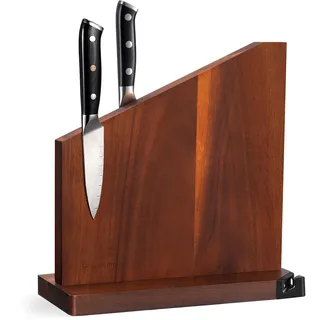 Gourmetop Messerblock Magnetisch mit Integriertem Schärfer, 100% Akazienholz Messerblock ohne Messer, Starker Doppelseitiger Magnetischer Messerhalter für die Küche, Dunkles Holz