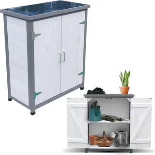 Mucola Geräteschrank Gerätehaus Gartenschuppen Schrank Schuppen Gartenschrank + 2 Türen Pflanztisch Mehrzweckschrank - Weiß/Grau - Weiß