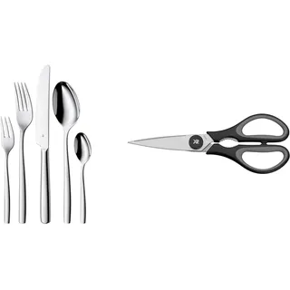WMF Palma Besteck Set 12 Personen, Essbesteck 60 teilig, Monobloc-Messer & Touch Küchenschere 21 cm, Haushaltsschere mit Sägeschliff, Schere Küche, Cromargan Edelstahl, Softgriff, schwarz