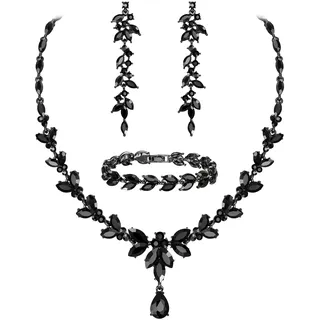 EVER FAITH Schmuckset Österreichisches Kristall Braut Schmuck-Set, elegante Marquise Strass Blatt Halskette mit baumelnden Ohrringen Tennis-Armband-Set, Helles Schwarz
