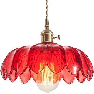 NICRX 25 cm industrielle Vintage-Pendelleuchte, Glas-Lotus-Lampenschirm, Pendelleuchte, Kronleuchter, E27, Messing-Finish, Decken-Hängelampe (Rot)