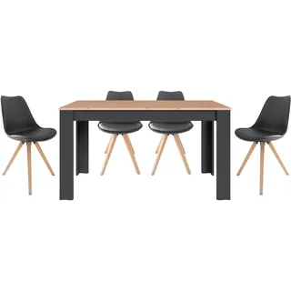 byLIVING Tischgruppe (Tisch - 4 Stühle) (Esstisch 140x80x75cm, schwarz