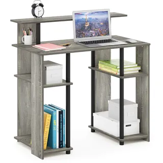 Furinno JAYA Computer/Schreibtisch mit Ablageflächen, Holz, Französische Eiche Grau/Schwarz, 47.75 x 89.66 x 90.17 cm