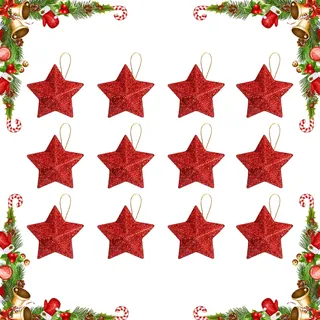 KLINNA 12 Stück Glitzer Weihnachtssterne als Weihnachtsbaumschmuck, Christbaumschmuck Set, Festlicher Weihnachtsstern Anhänger und Baumschmuck Weihnachten, edle Weihnachtsbaum Stern Deko(Rot