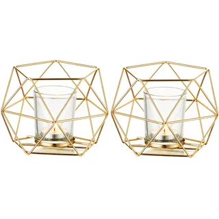 Romadedi Teelichthalter Kerzenhalter Metall Gold - 2er Set Geometrisches Teelichter Kerzenständer Stumpenkerze Windlicht Modern Geo Deko für Tischdeko Party Hochzeit Wohnzimmer Weihnachten