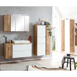 Badezimmer Möbel Set mit Keramik-Aufsatzbecken rechts und LED Beleuchtung, Wotan Eiche Nb. mit weiß matt, VASTO-03-WHITE - Weiß