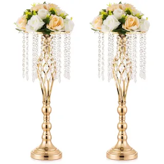 Inweder Goldene Vasen für den Tisch: 55,1 cm hoher Blumenständer mit Kristall-Patent für Hochzeit, Mittelstück, Party, Event, 2er-Set