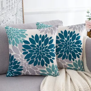 2er Set Sofakissen bezüge Blau Grün und Grau Geometrische Blume Leinen Kissenbezüge 40x40cm Kissenbezug Abstraktes Kissenhüllen Sommer Dekor für Wohnzimmer Couch Indoor Garten