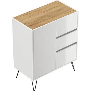 Posseik Sideboard Industrial K 3 Schubladen 1 Tür 80 cm Weiß Eiche Top