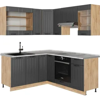 Vicco Eckküche Fame-Line, 190 x 60 cm , AP Marmor, Dunkelgrau/Goldkraft Eiche - Dunkelgrau, Braun