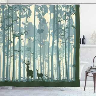 ABAKUHAUS Hirsch Duschvorhang, Tiere im nebeligen Wald, mit 12 Ringe Set Stielvoll Modern, 175x200 cm, Schwarz Weiß Grau